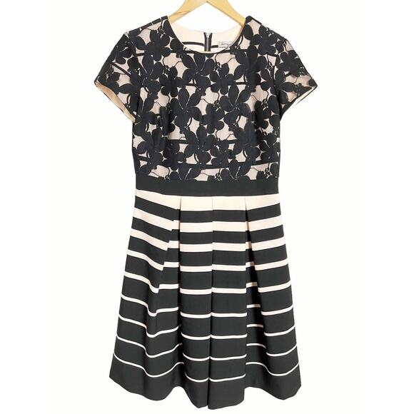 Danny and Nicole Black Pink Striped Floral Lace Pleated A-Line Cocktail Dress 6 - Picture 1 of 7